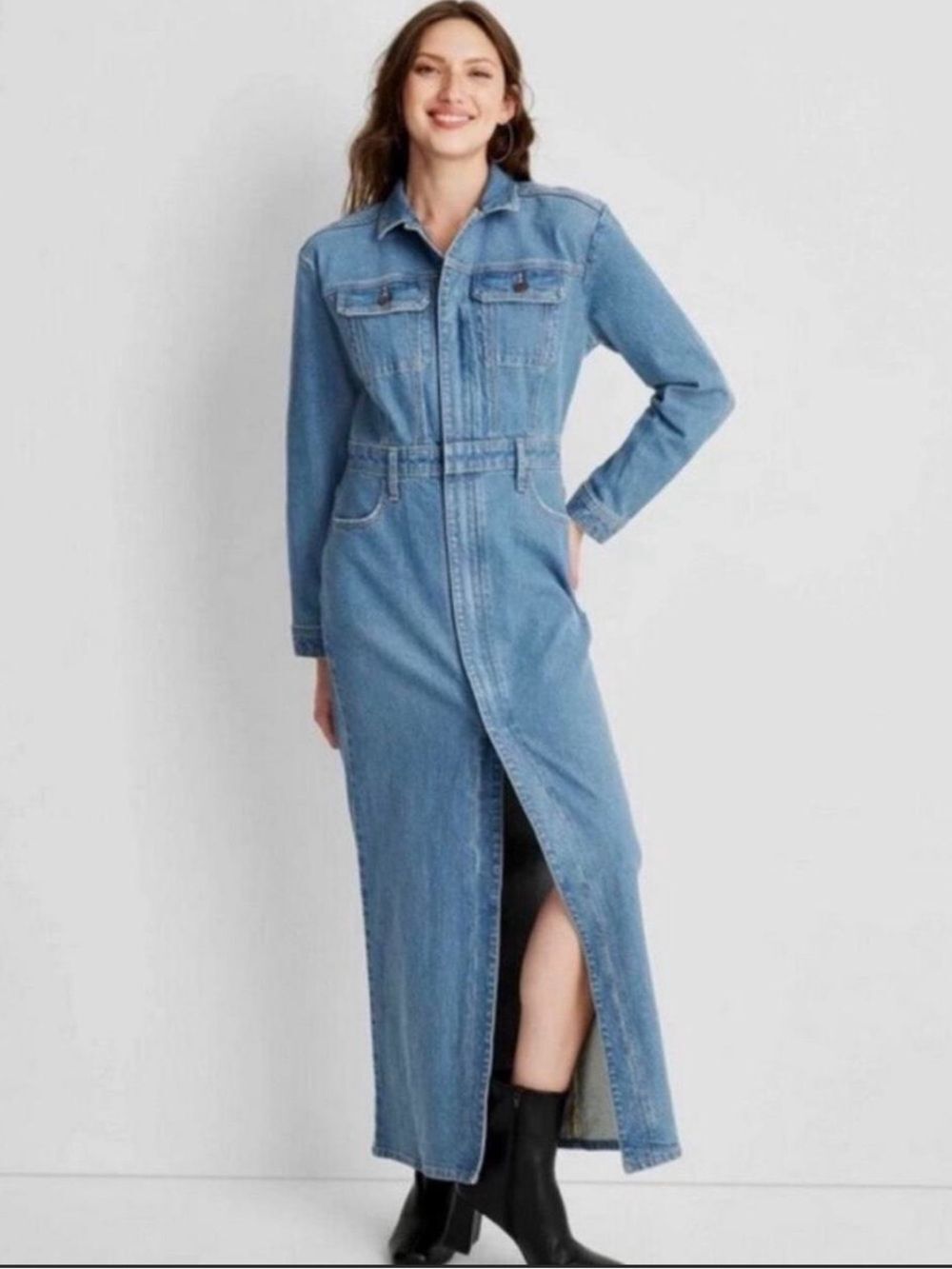 Universal Thread Light Blue Denim Maxi Jean Dress with Front Slit Sz 00R